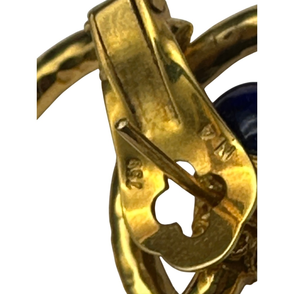 Vintage Etruscan Revival 18K 750 Gold Lapis Lazuli Blue Hoop Earrings Ornate - Picture 8 of 10